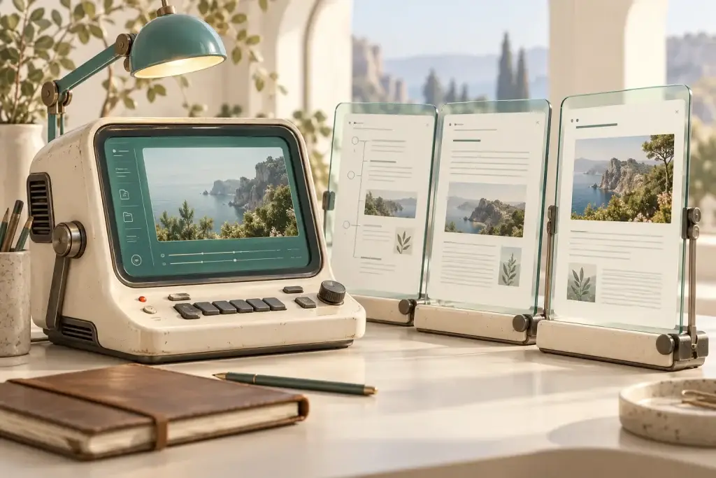 Conceptual warm ivory blogging workstation with outline, draft and finished article panels.