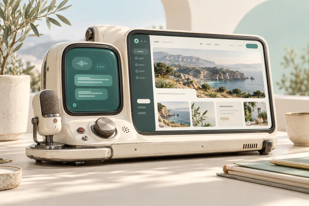 Conceptual ivory desktop terminal with a teal conversation screen beside an editable website canvas.