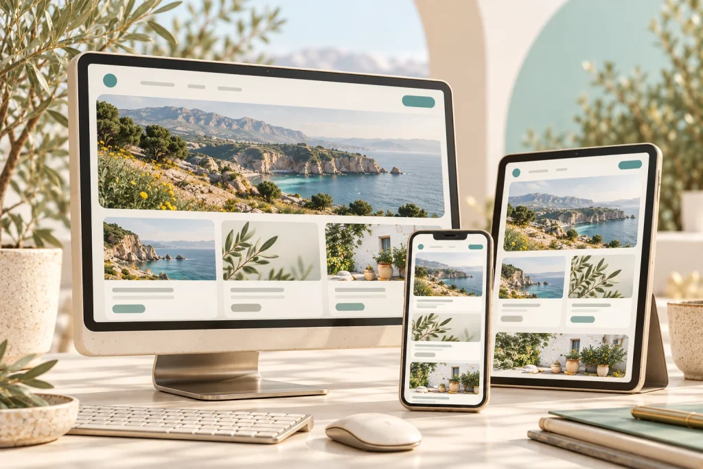 The same ivory-and-teal website adapted across desktop, tablet and phone displays.