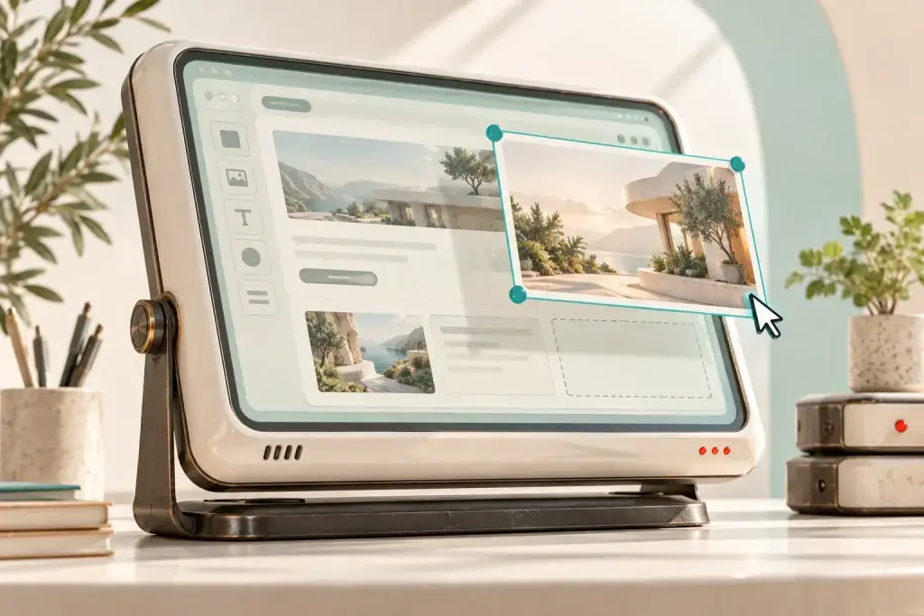 Conceptual ivory editing display with a website image selected using teal drag-and-drop handles.